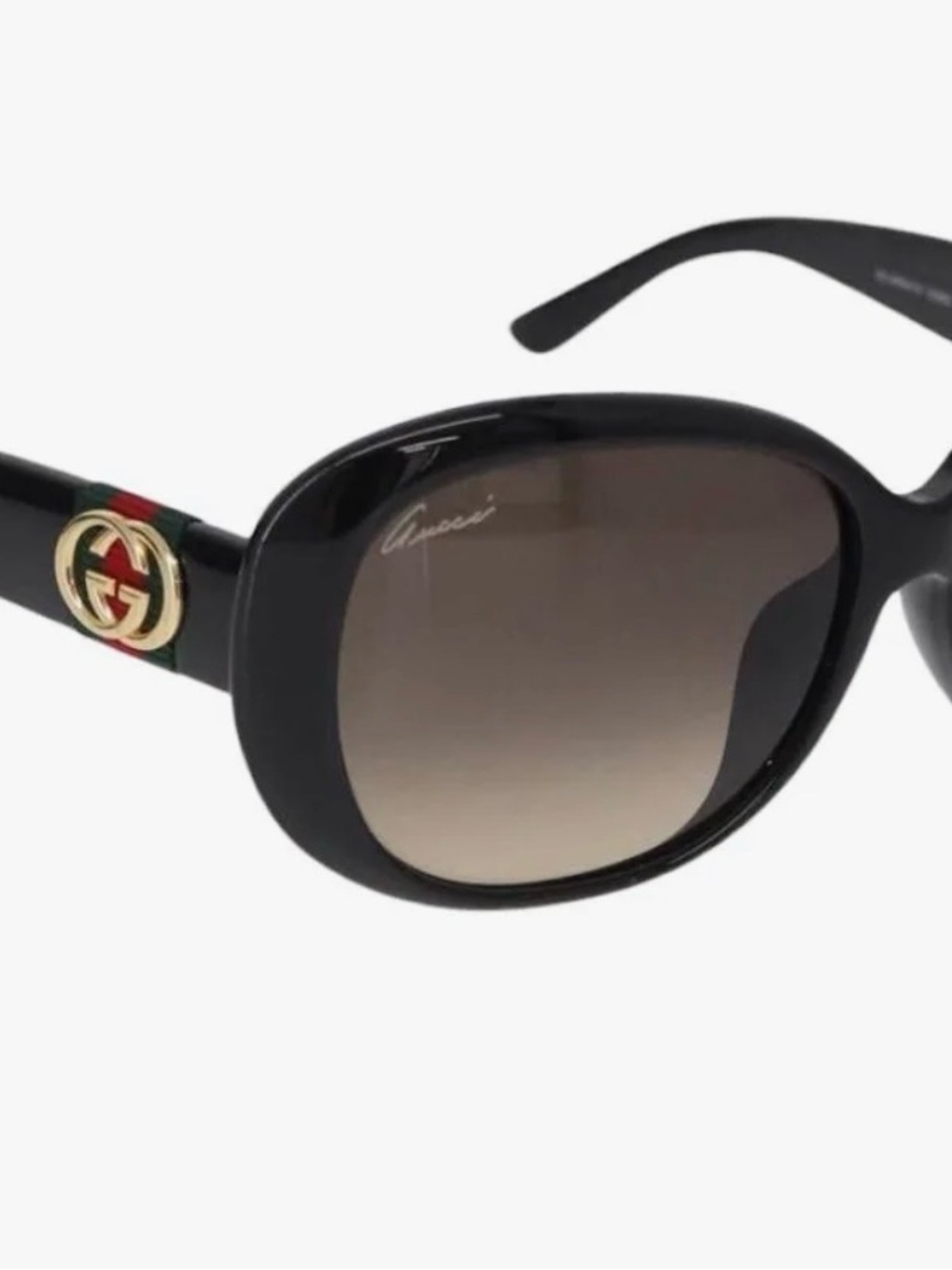 Gucci Black Oval Sunglasses with Red & Green Logo Accent